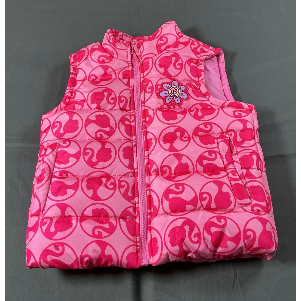 Barbie‎ Girls Pink Puffer Vest Silhouette Logo Print Zip Up Floral Size 6/6X New